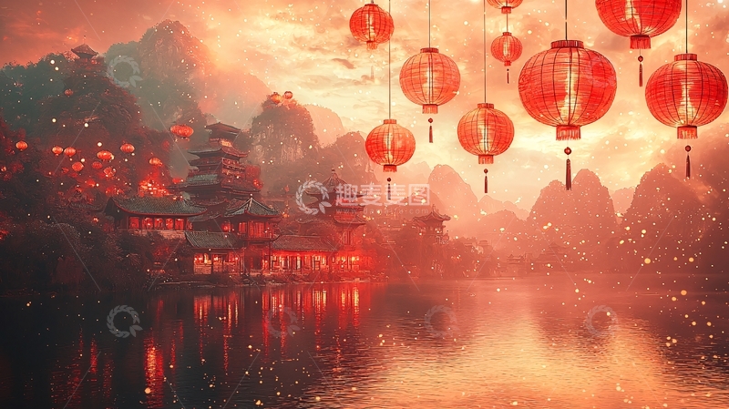 高清大图下载【趣麦麦图】红灯笼山水中国风意境图