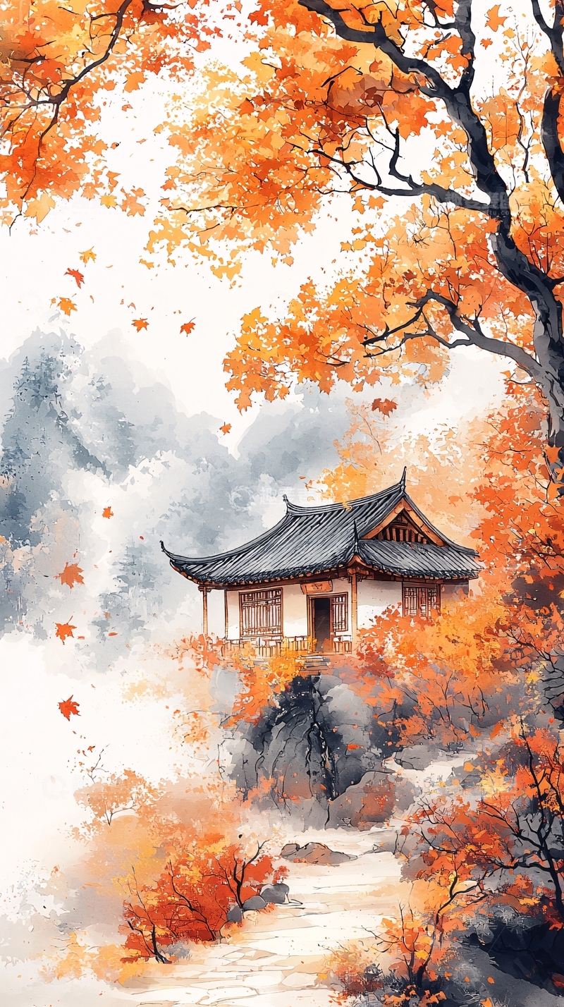高清大图下载【趣麦麦图】秋枫古亭水墨画