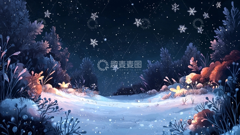 高清大图下载【趣麦麦图】冬夜森林雪景
