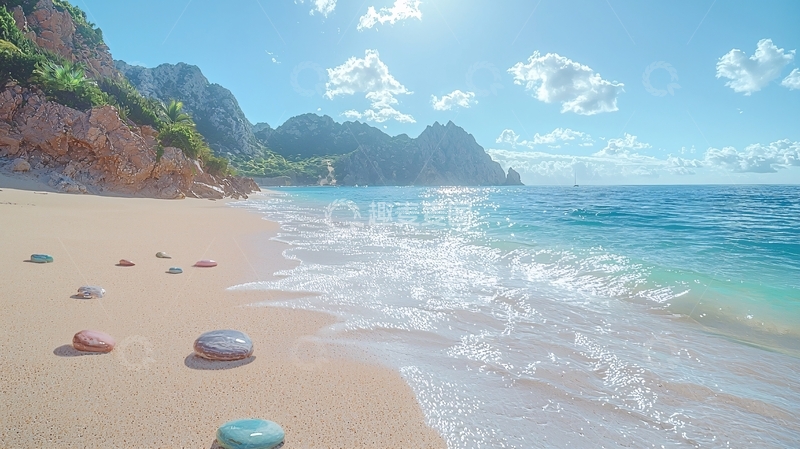 高清大图下载【趣麦麦图】阳光沙滩海浪岩石