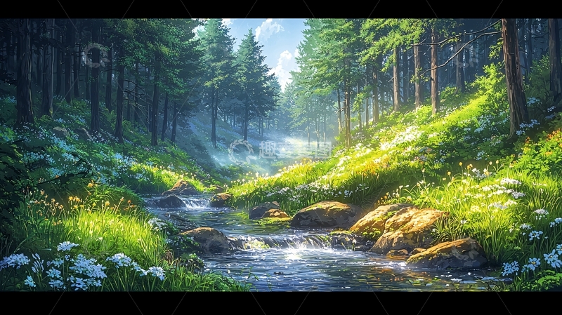 高清大图下载【趣麦麦图】阳光森林溪流