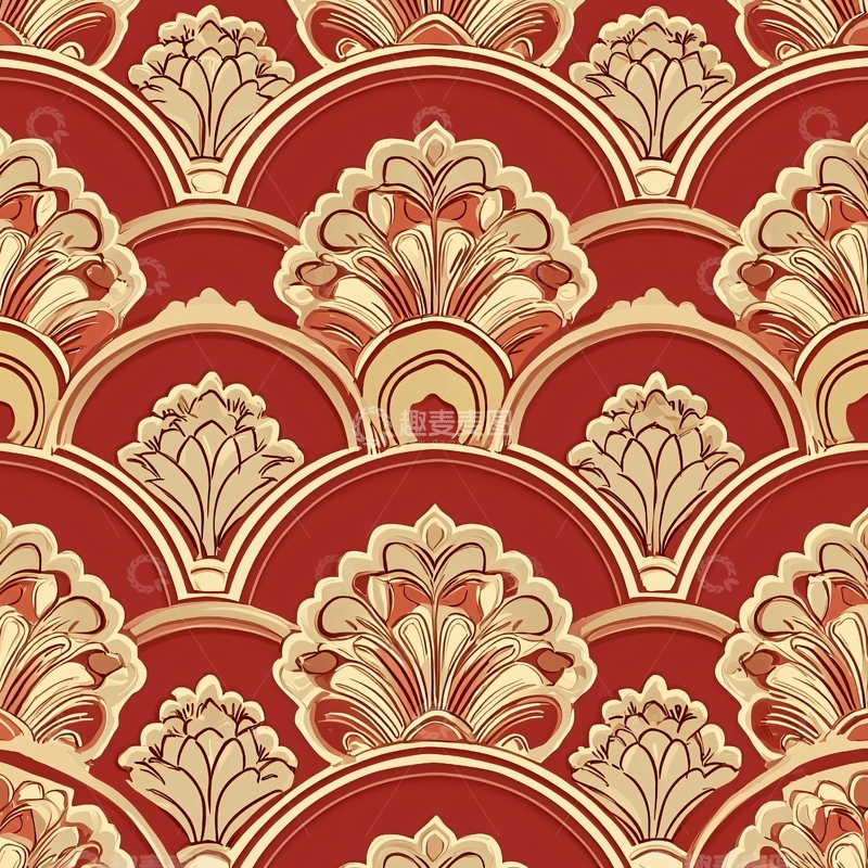 高清大图下载【趣麦麦图】红色扇形花纹重复图案