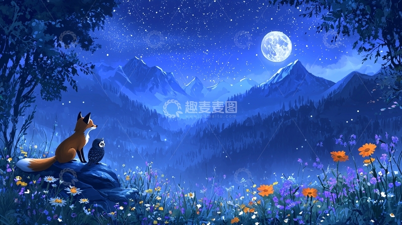 高清大图下载【趣麦麦图】月夜森林狐狸和乌鸦