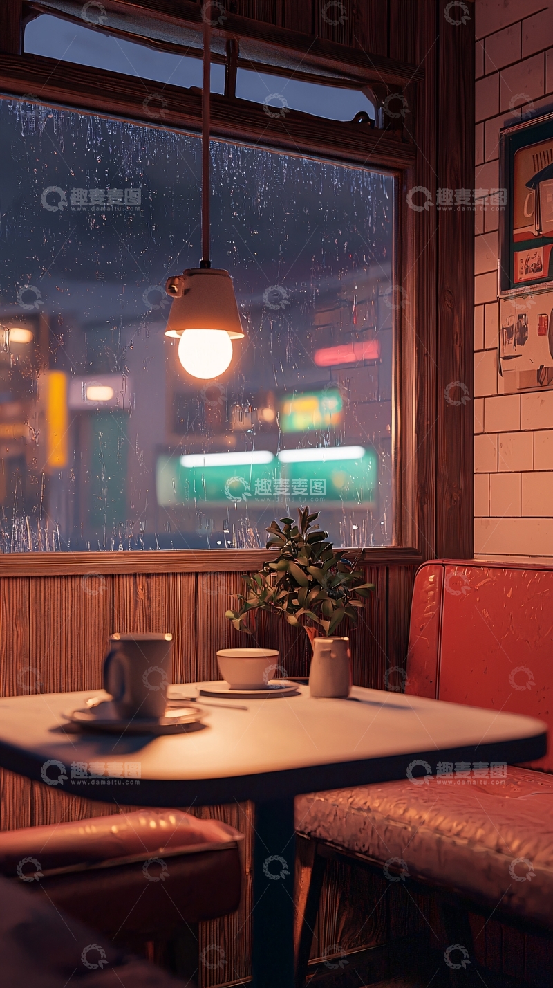 高清大图下载【趣麦麦图】雨夜咖啡馆温馨角落