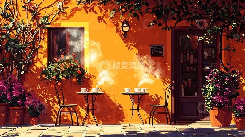 高清大图下载【趣麦麦图】阳光下橙色房屋咖啡馆