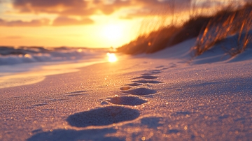 海滩落日余晖下的足迹