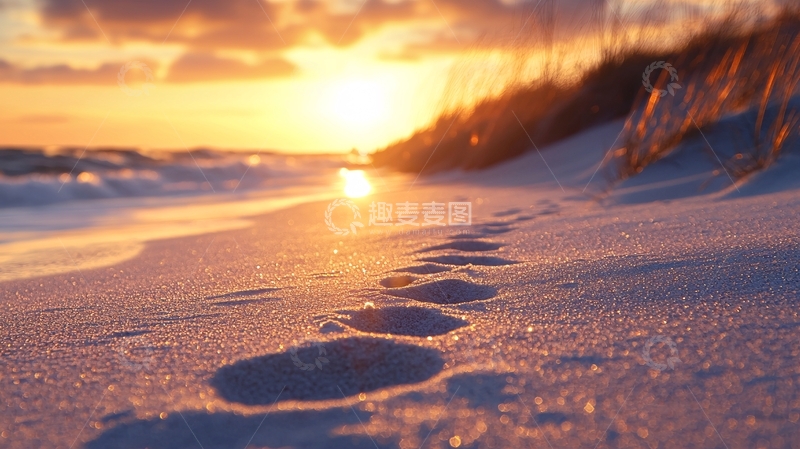 高清大图下载【趣麦麦图】海滩落日余晖下的足迹