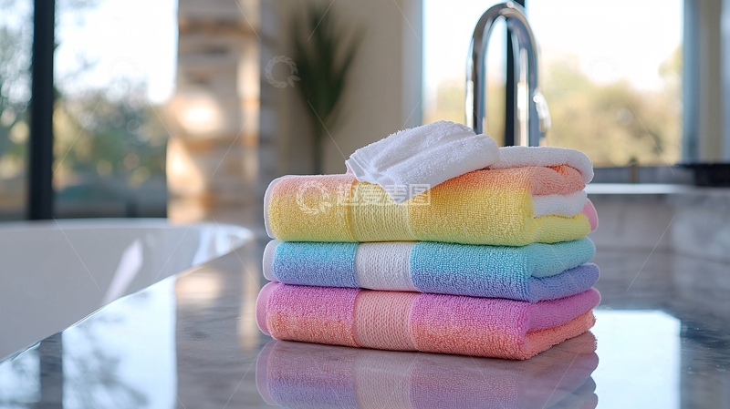 高清大图下载【趣麦麦图】彩虹毛巾叠放在厨房台面上