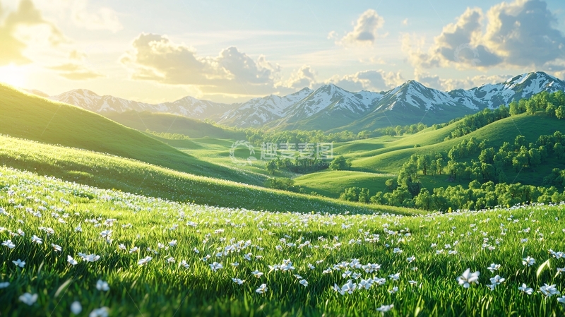 高清大图下载【趣麦麦图】阳光下的绿色山峦花海