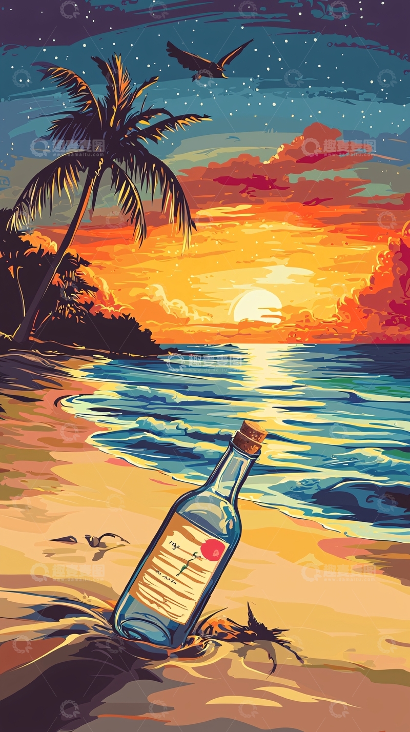 高清大图下载【趣麦麦图】海滩落日瓶中信