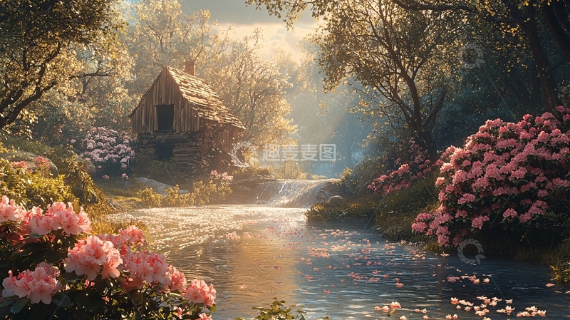 高清大图下载【趣麦麦图】田园小屋在溪流边