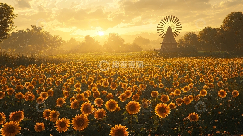 高清大图下载【趣麦麦图】金色朝阳下的向日葵田