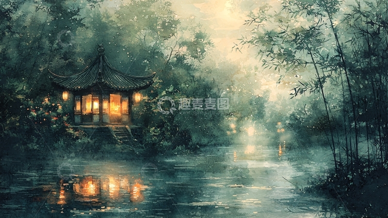 高清大图下载【趣麦麦图】水墨风亭台楼阁树林倒影