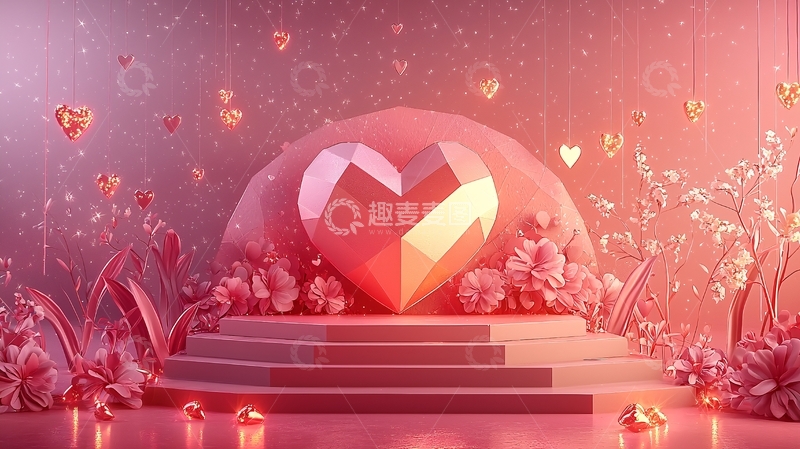 高清大图下载【趣麦麦图】粉色低多边形爱心