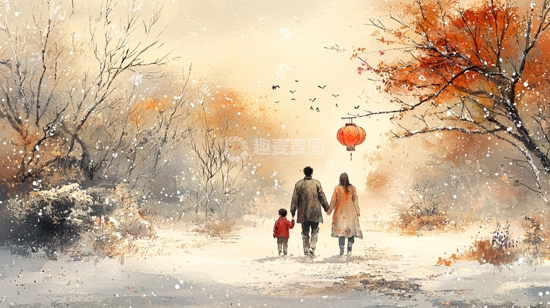 高清大图下载【趣麦麦图】冬日雪景一家三口