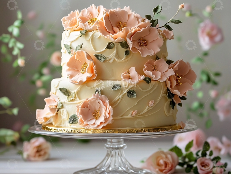 高清大图下载【趣麦麦图】双层粉色花朵装饰蛋糕