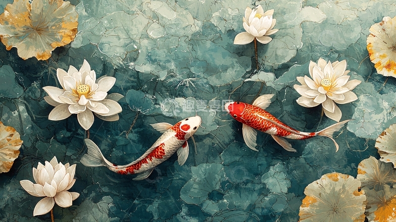 高清大图下载【趣麦麦图】水墨画风格锦鲤荷花