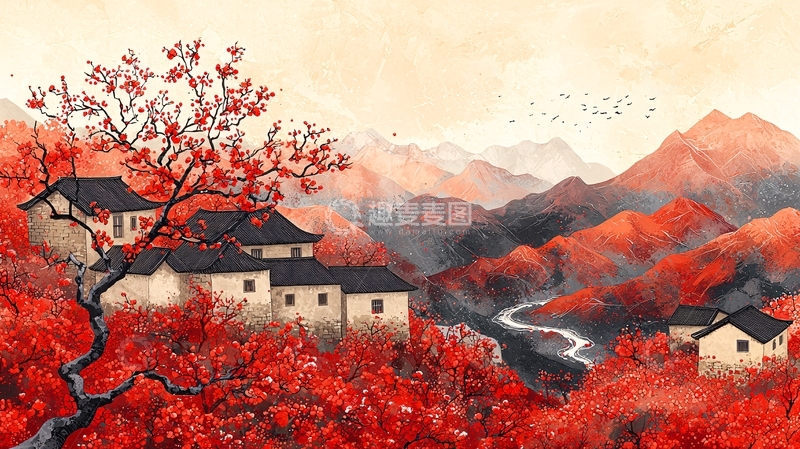 高清大图下载【趣麦麦图】红色山间村落水墨画
