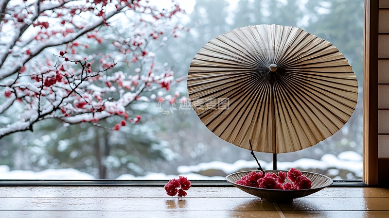 高清大图下载【趣麦麦图】雪景中的日式伞和红果