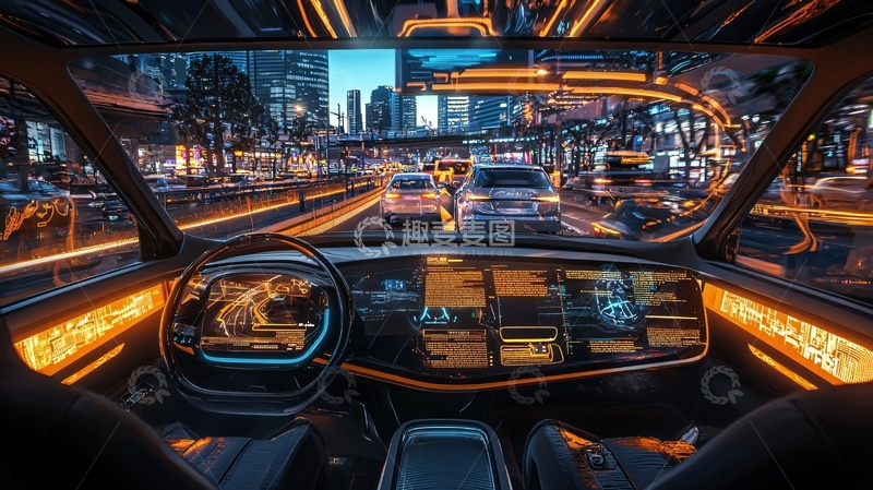 高清大图下载【趣麦麦图】未来都市夜景自动驾驶汽车内饰