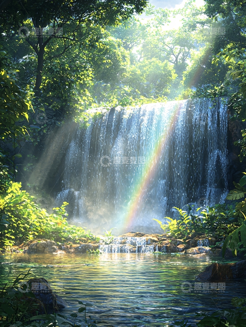 高清大图下载【趣麦麦图】阳光森林瀑布彩虹