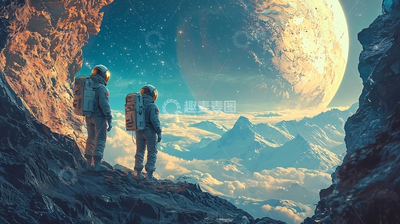 高清大图下载【趣麦麦图】太空宇航员远眺星球