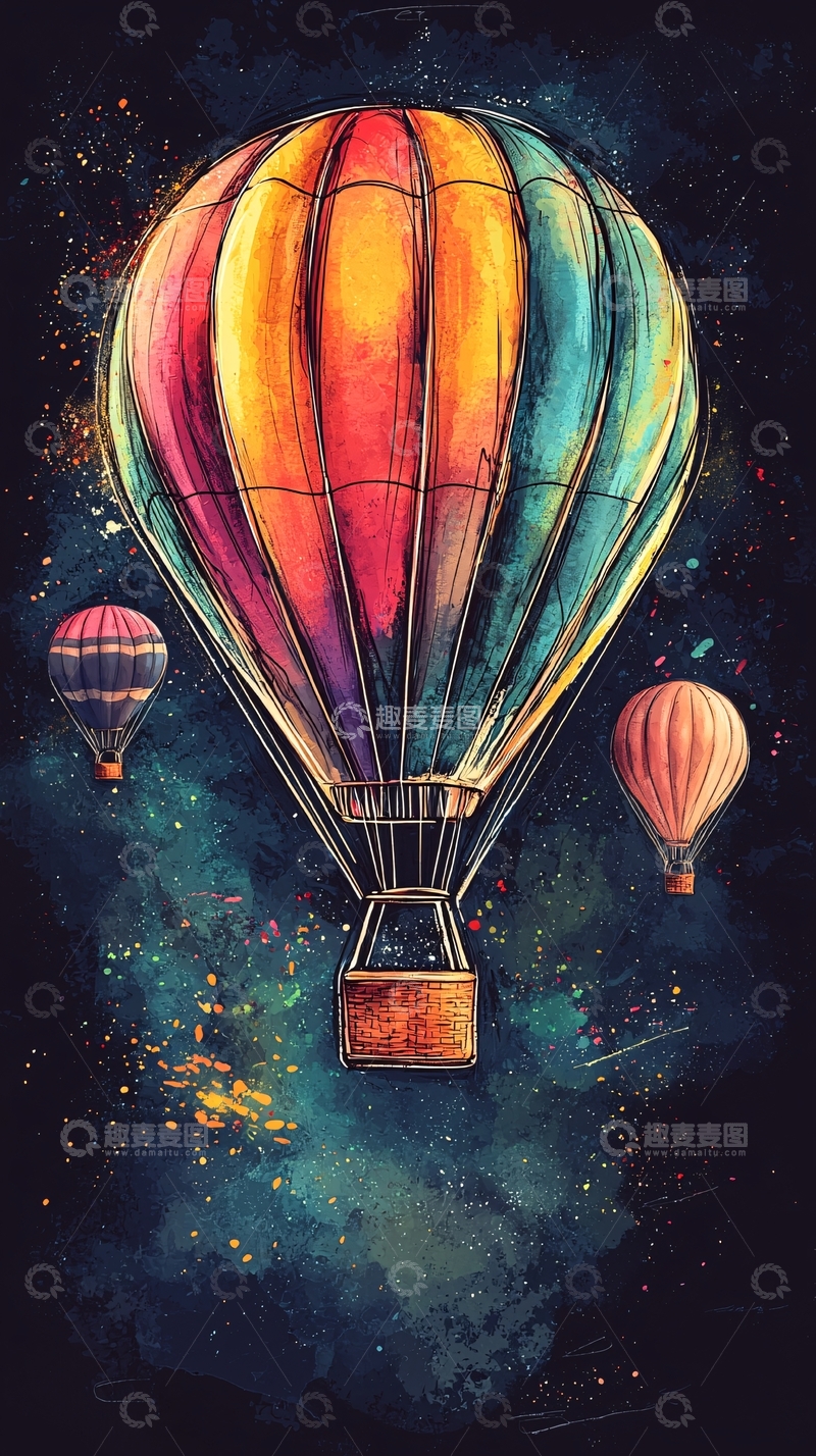 高清大图下载【趣麦麦图】彩色热气球星空图