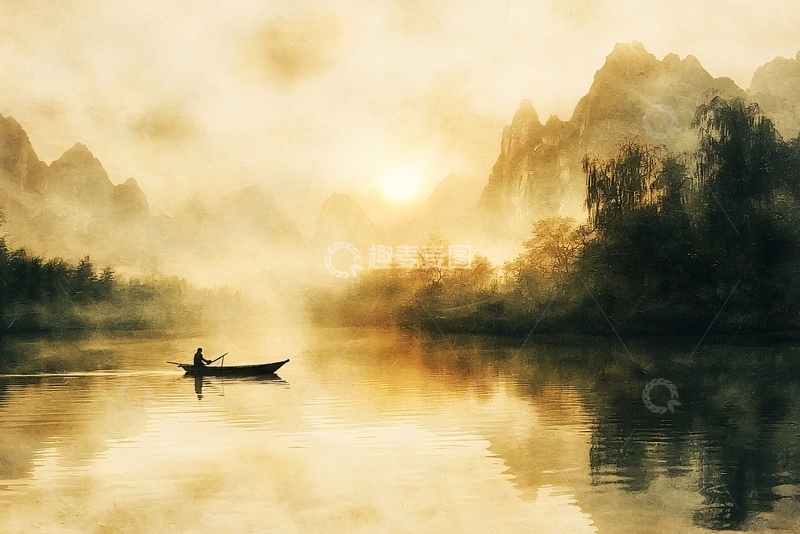 高清大图下载【趣麦麦图】清晨薄雾中泛舟
