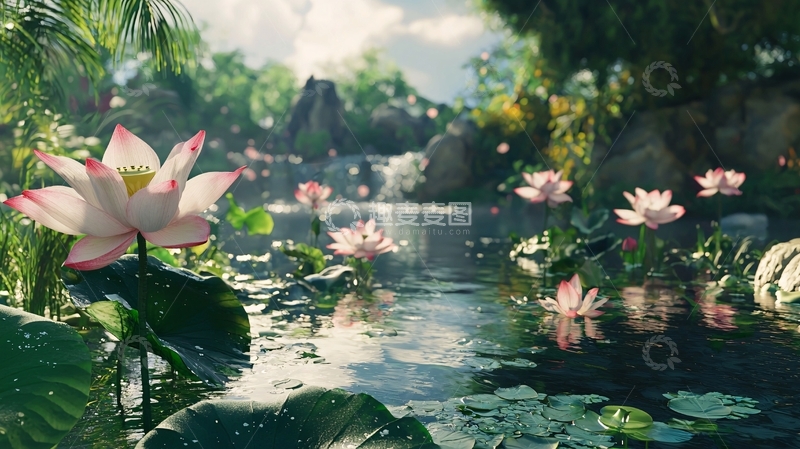 高清大图下载【趣麦麦图】热带雨林荷花溪流瀑布