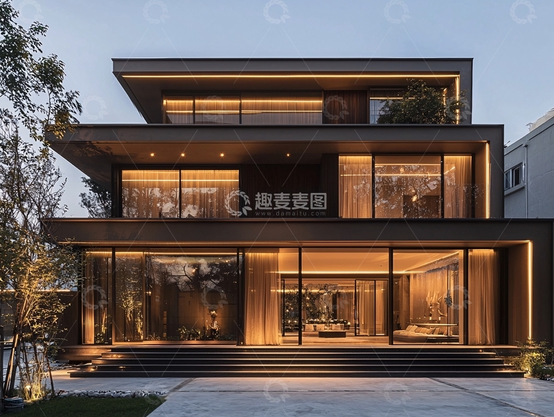 高清大图下载【趣麦麦图】现代简约三层别墅夜景