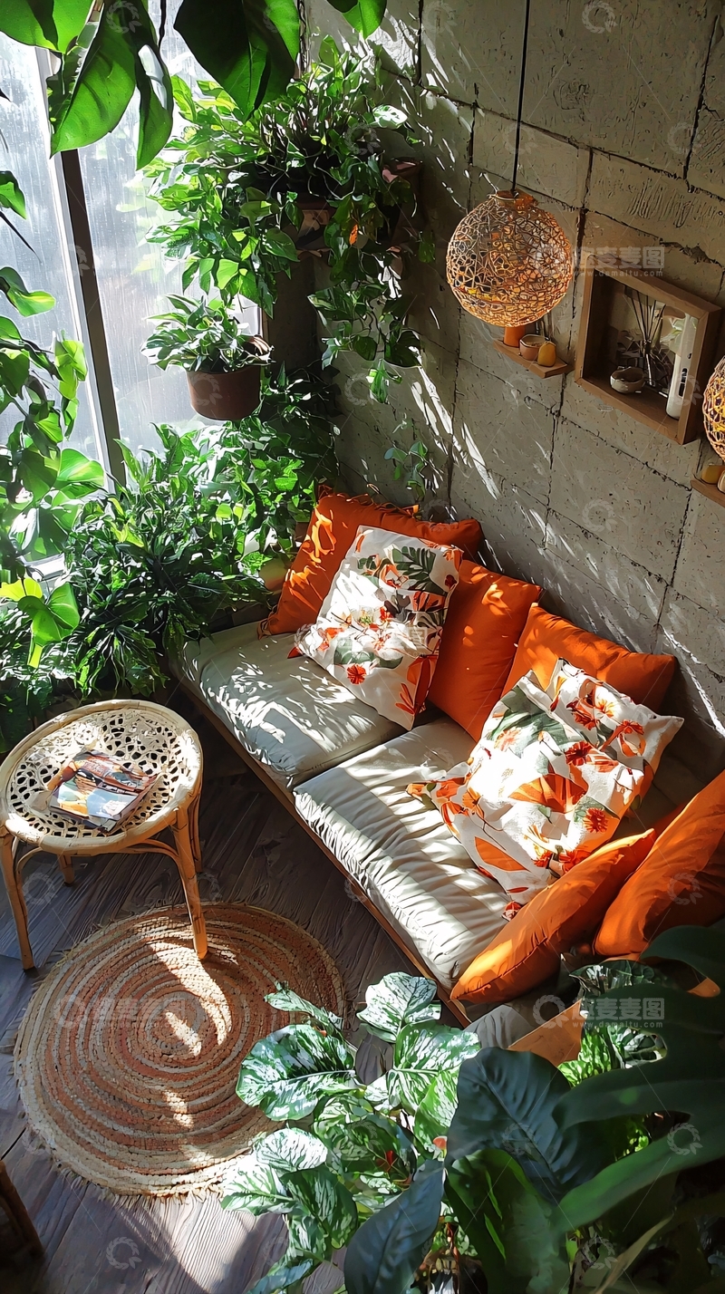 高清大图下载【趣麦麦图】阳光洒满绿植环绕的阳台休闲区
