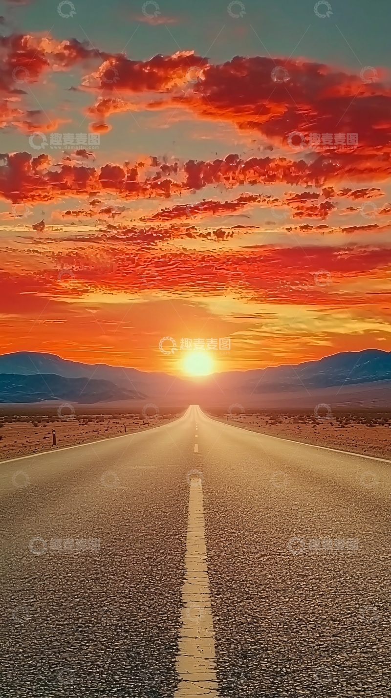 高清大图下载【趣麦麦图】公路尽头日落