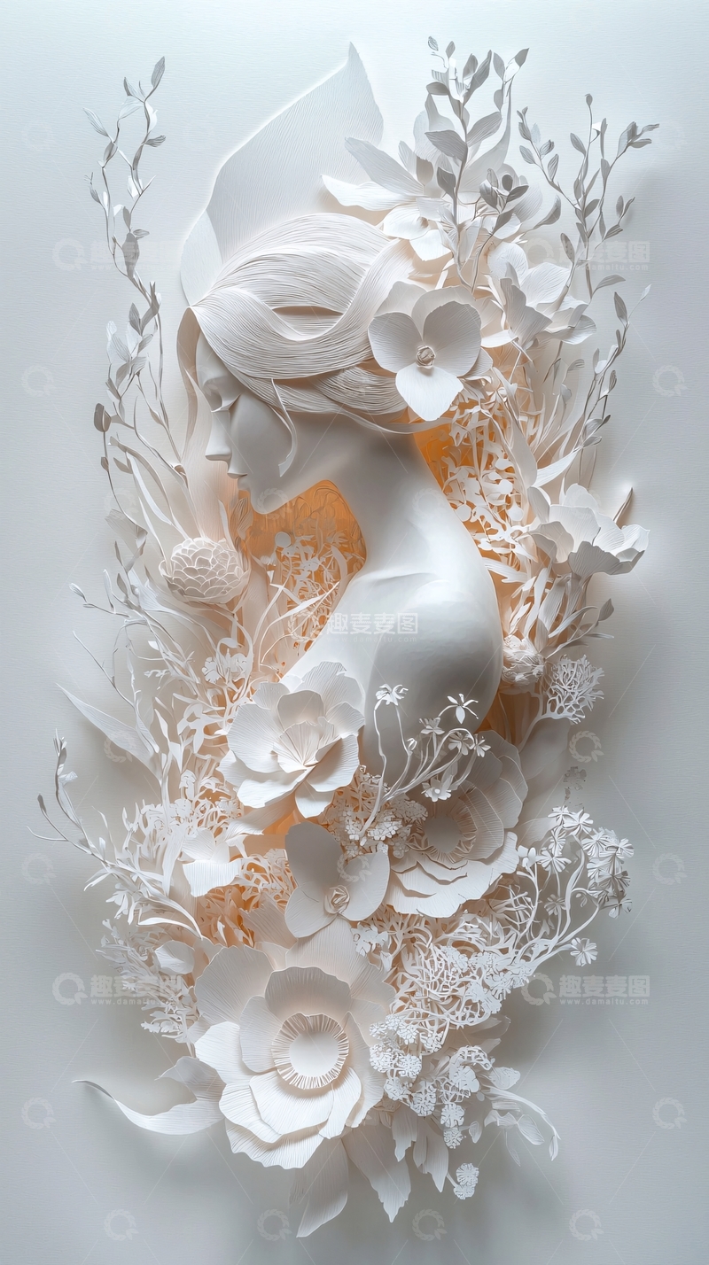 高清大图下载【趣麦麦图】白色花簇拥的女性雕塑