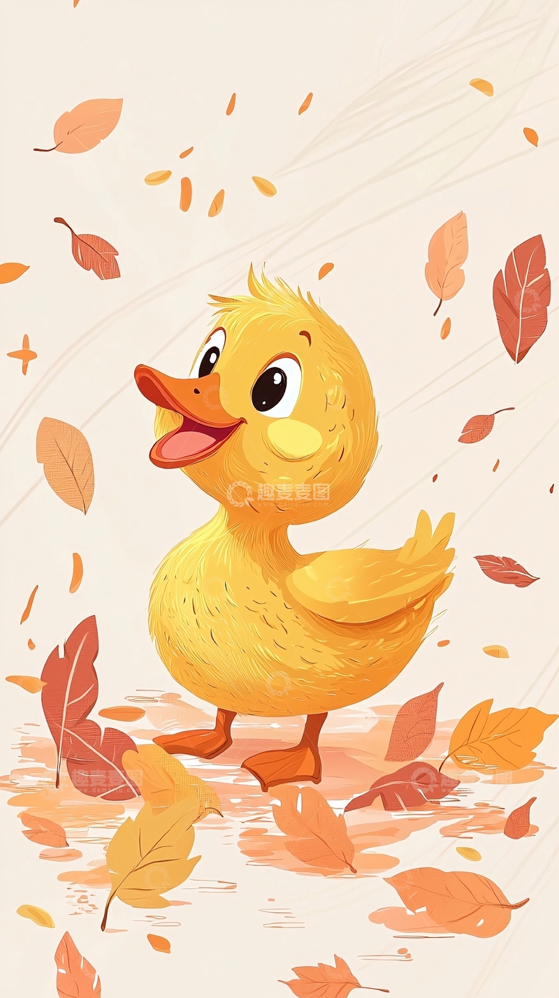 高清大图下载【趣麦麦图】小鸭子秋叶卡通插画