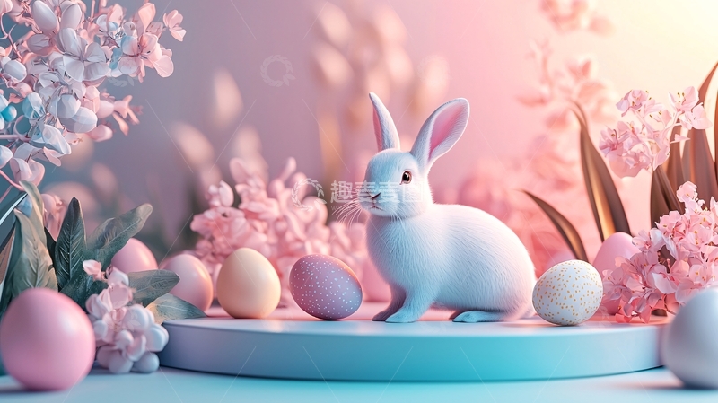 高清大图下载【趣麦麦图】粉色花朵环绕的复活节白兔