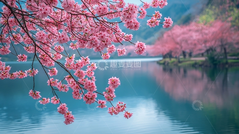 高清大图下载【趣麦麦图】粉红色的樱花倒映在湖水中