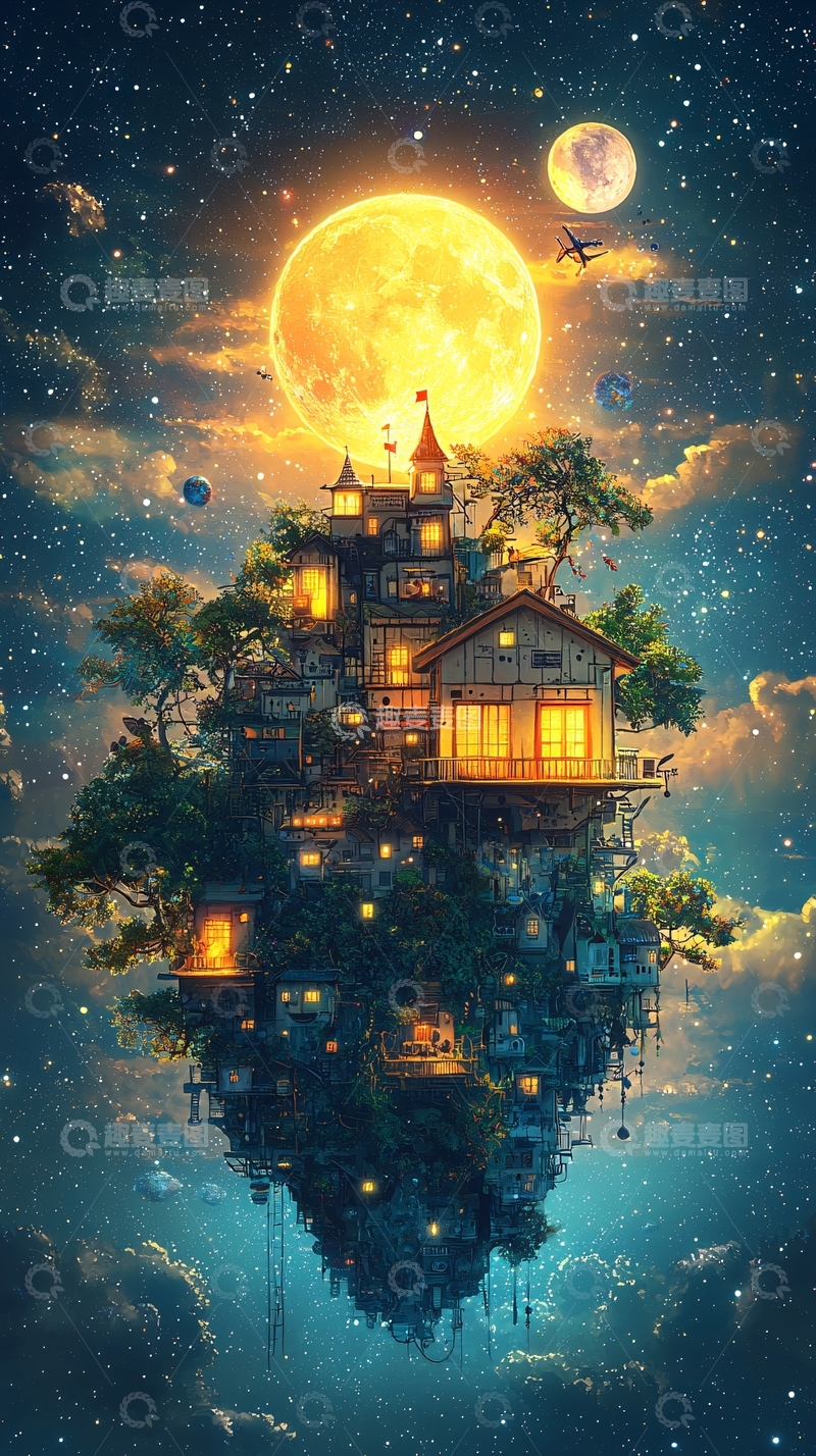 高清大图下载【趣麦麦图】漂浮岛屿上的梦幻小屋