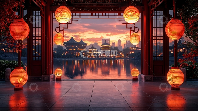 高清大图下载【趣麦麦图】中式建筑夜景灯笼