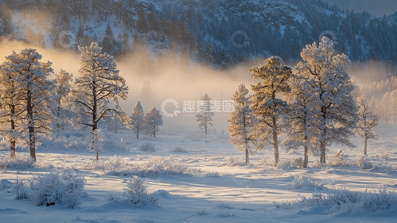 高清大图下载【趣麦麦图】冰雪覆盖的田野树林