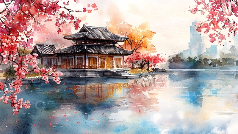 高清大图下载【趣麦麦图】水彩风格中国风建筑风景