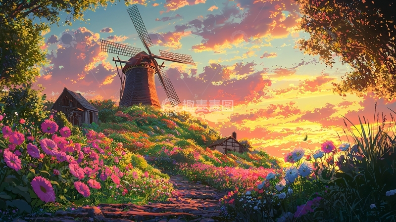 高清大图下载【趣麦麦图】夕阳下的荷兰风车田园风光