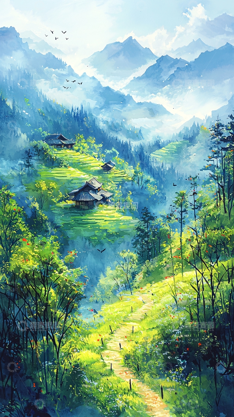 高清大图下载【趣麦麦图】水彩画山间村落
