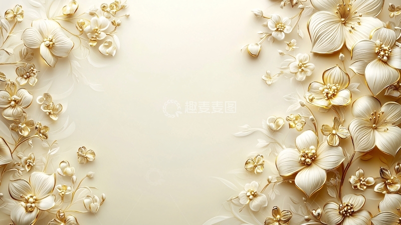 高清大图下载【趣麦麦图】金色白色花朵边框背景