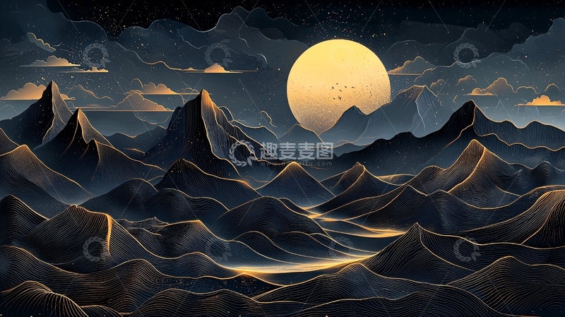高清大图下载【趣麦麦图】山脉夜景下的明亮月亮
