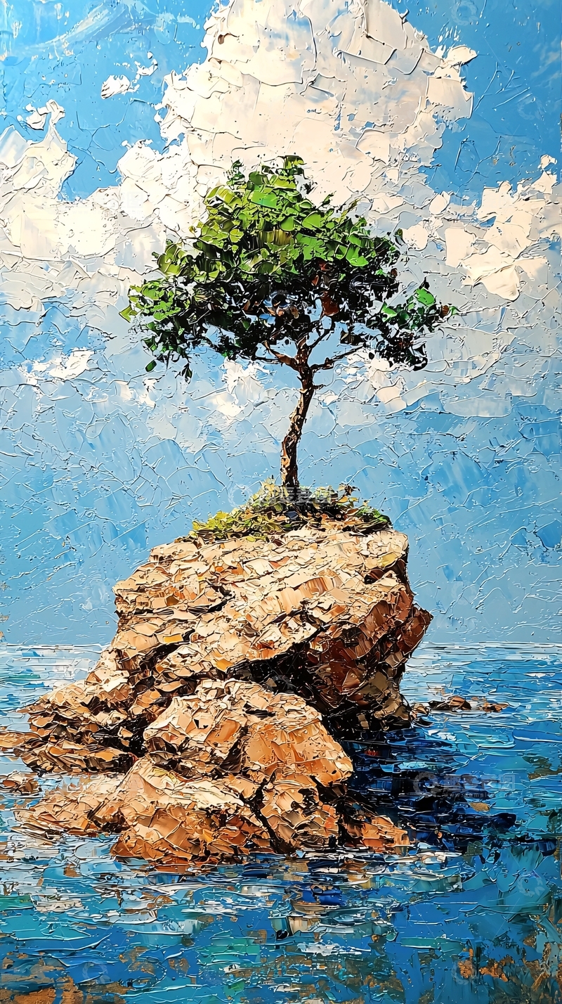 高清大图下载【趣麦麦图】孤树礁石海景油画