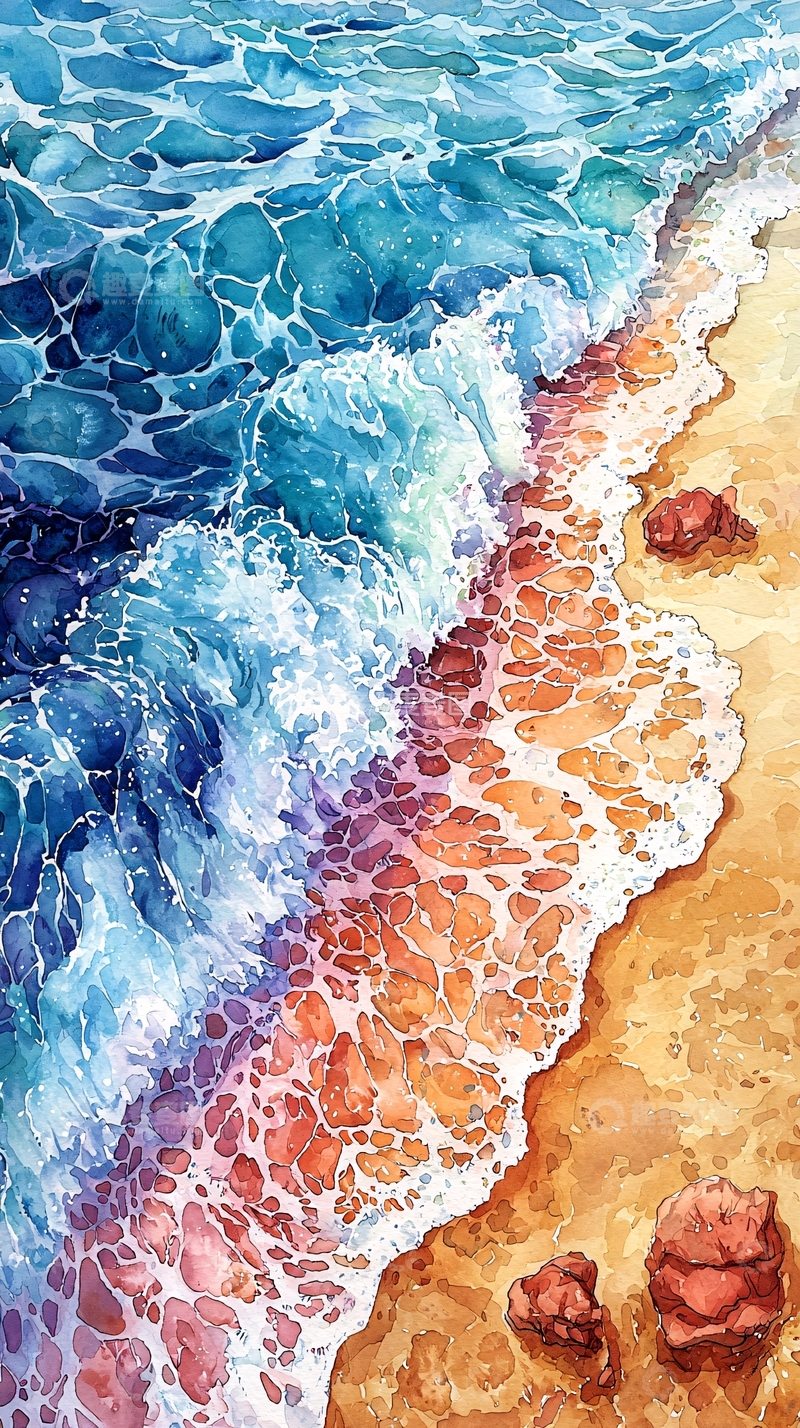 高清大图下载【趣麦麦图】水彩风格的海滩波浪