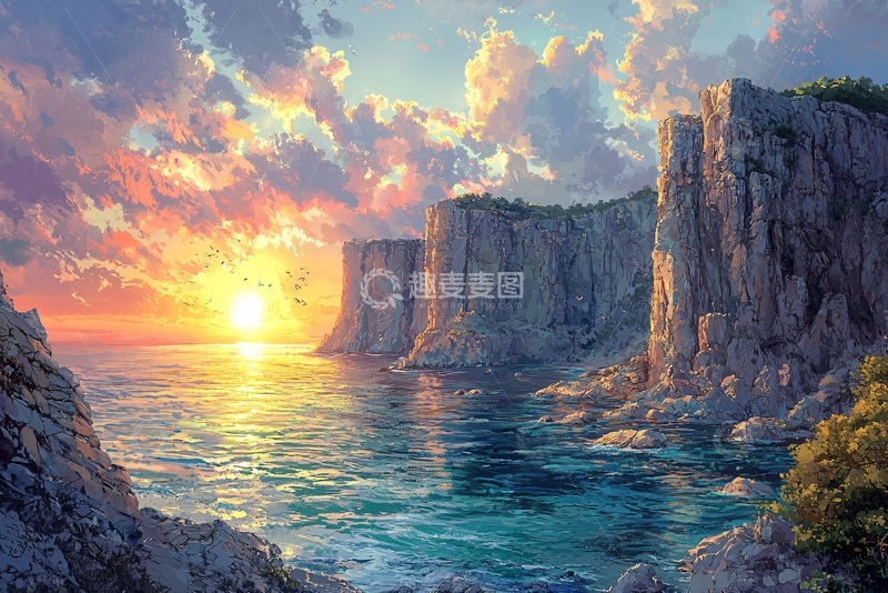 高清大图下载【趣麦麦图】夕阳西下海边悬崖