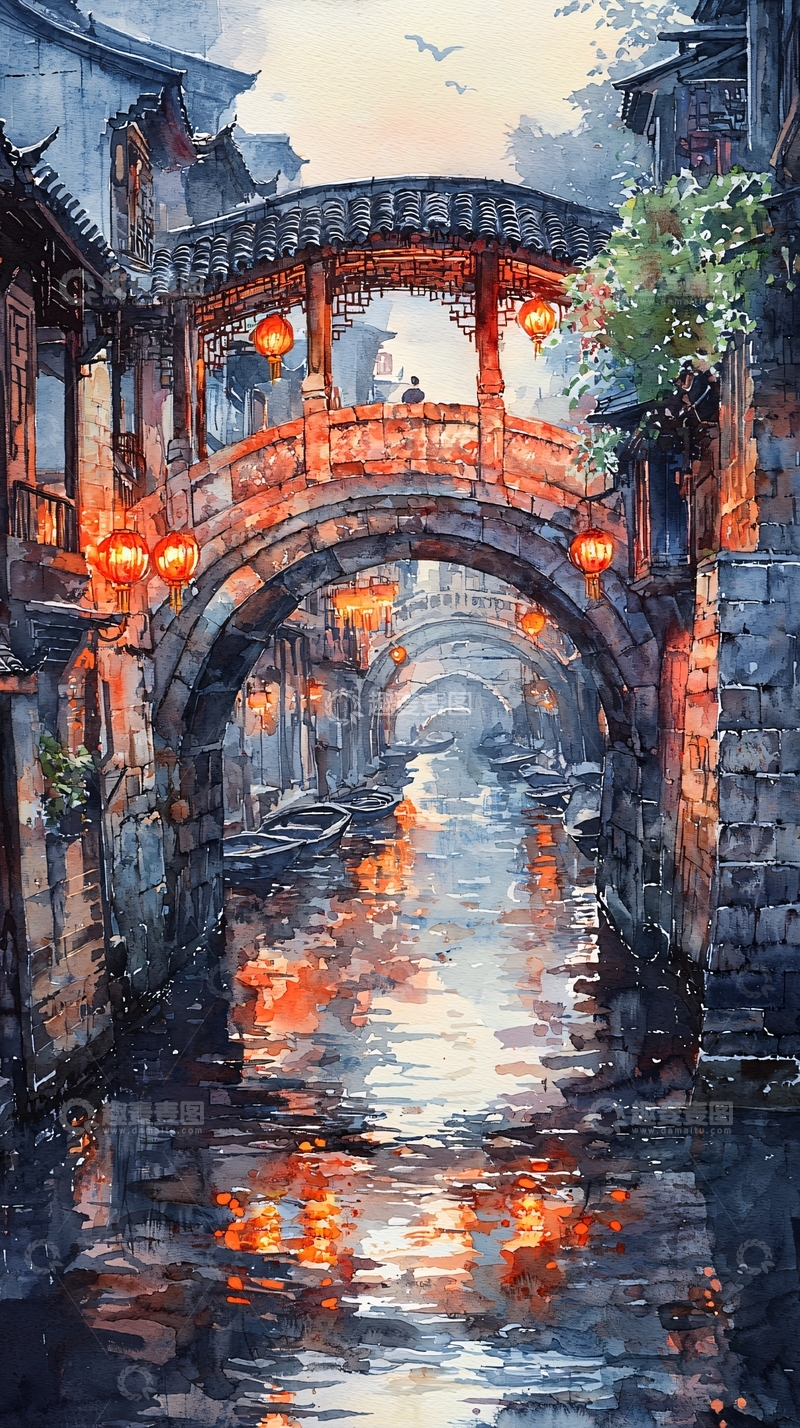 高清大图下载【趣麦麦图】古风小镇水彩画