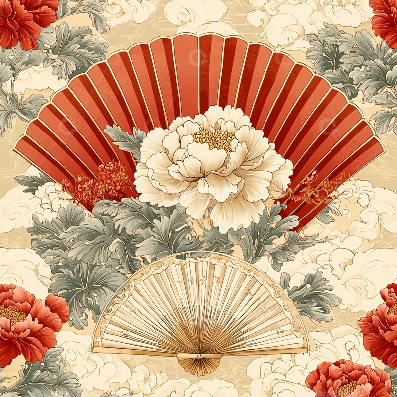 高清大图下载【趣麦麦图】国风扇子与牡丹花纹样