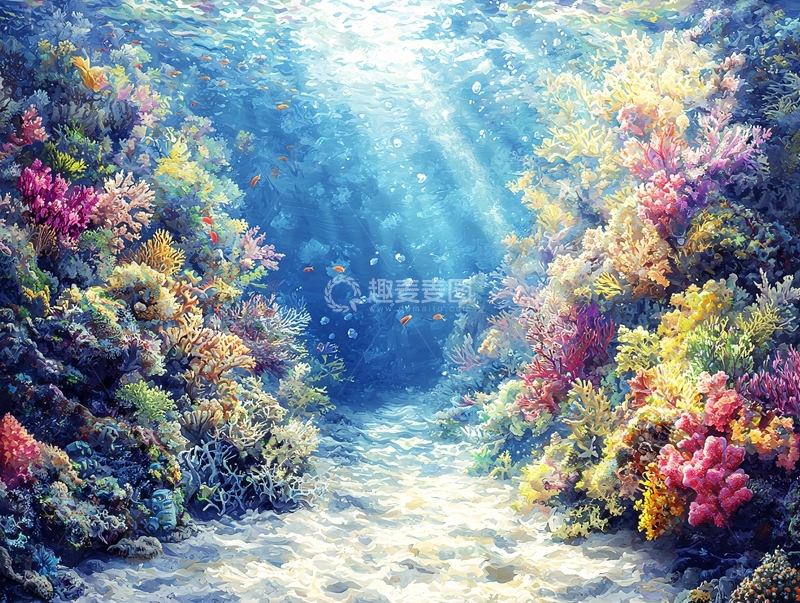 高清大图下载【趣麦麦图】阳光透过海水照射珊瑚礁